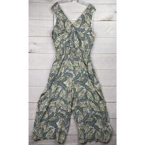 Nine West Jumpsuit Womens XL Green Leaf Tropical Vacation Wide Leg Crop Smocked